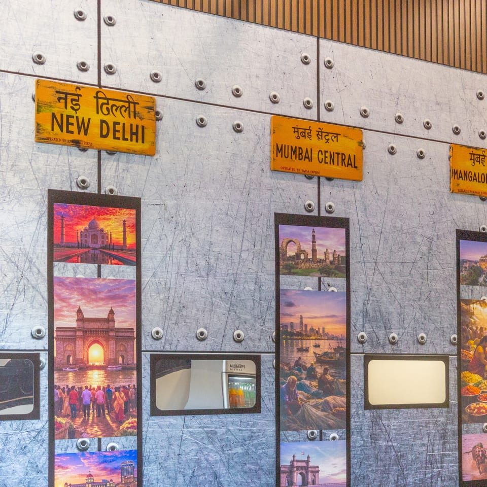 Restaurant wall displays Indian railway signs for New Delhi, Mumbai Central, and Mangalore Central above travel photographs and food imagery.